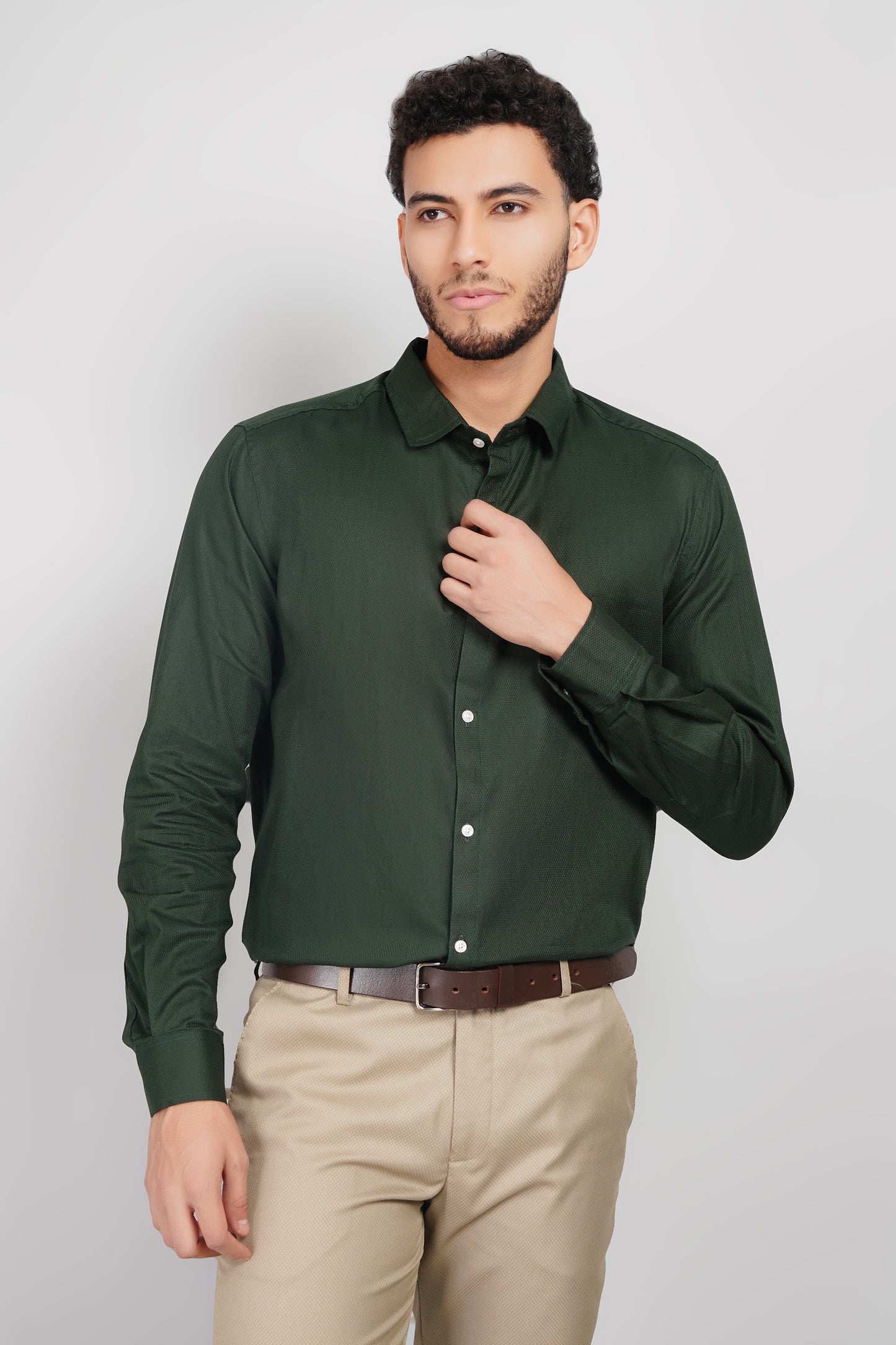 Olive Green Textured Pure Cotton Oxford Shirt
