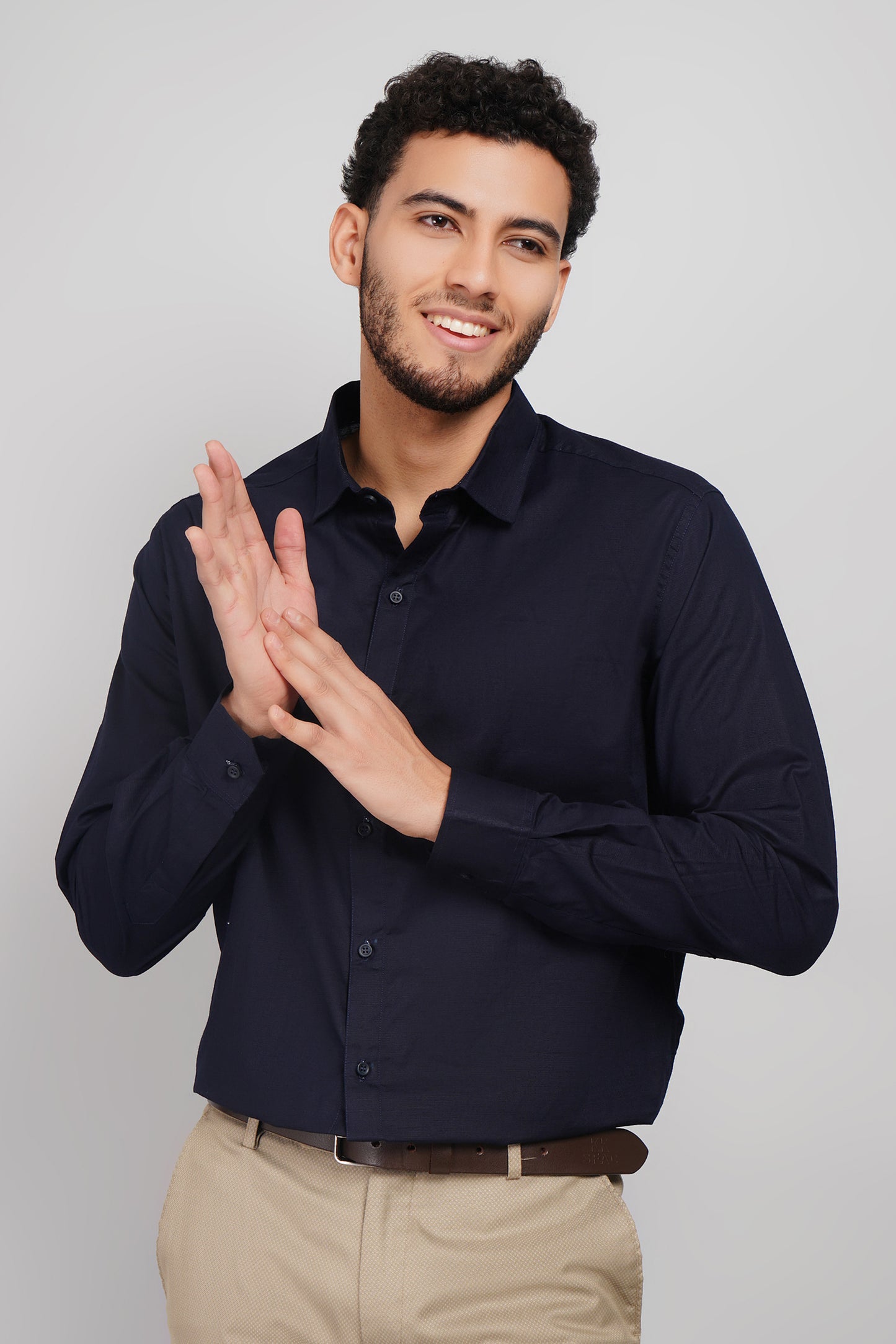 Navy Solid Linen Cotton Blend Men's Shirt