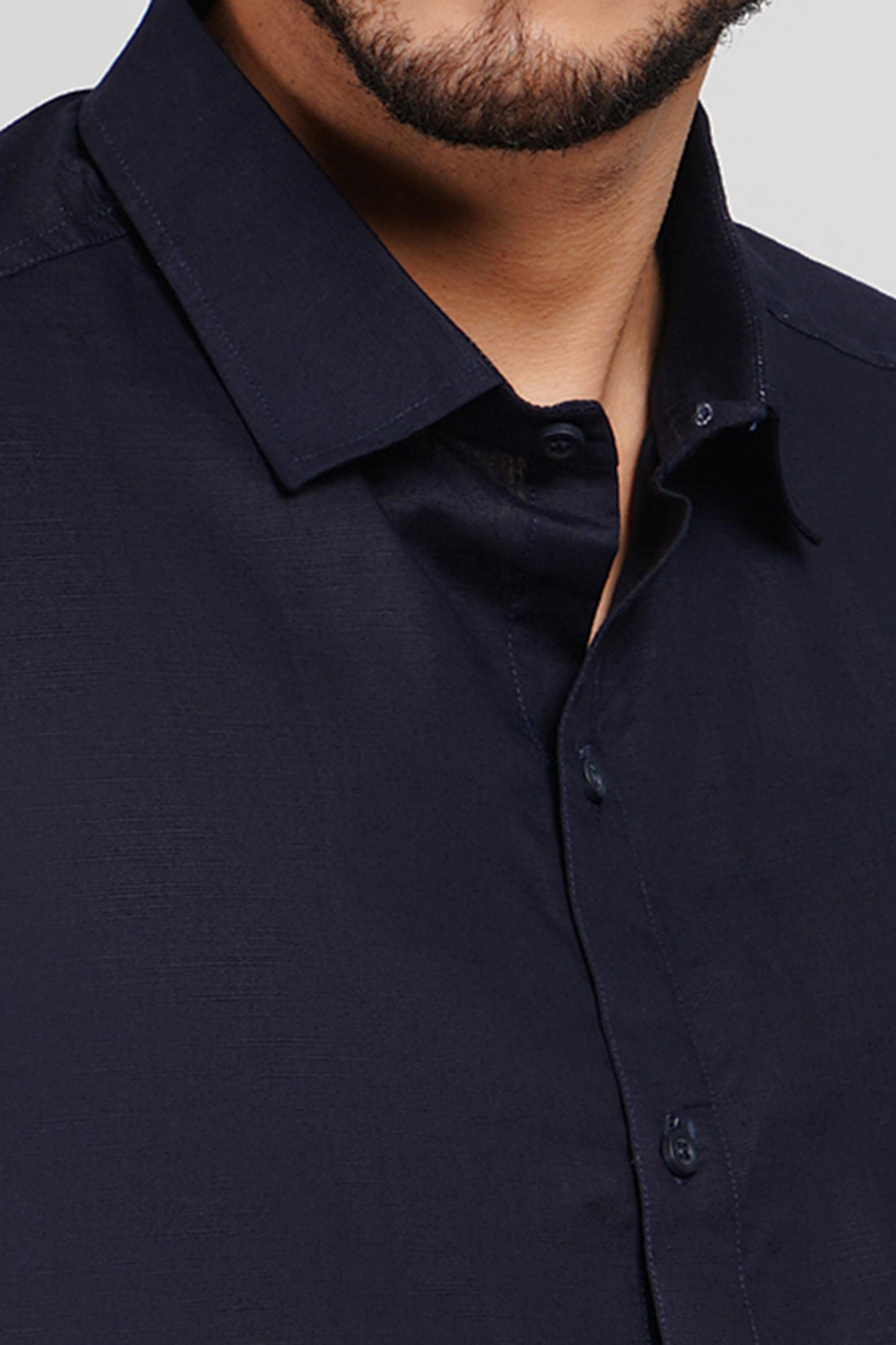 Navy Solid Linen Cotton Blend Men's Shirt