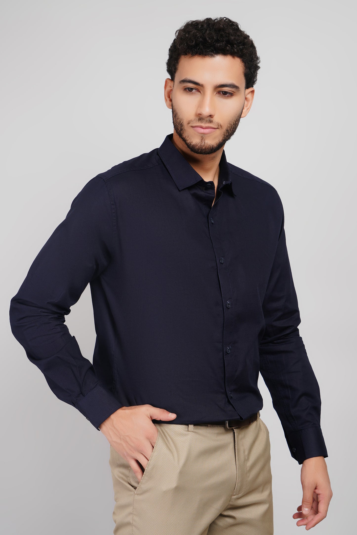 Navy Solid Linen Cotton Blend Men's Shirt