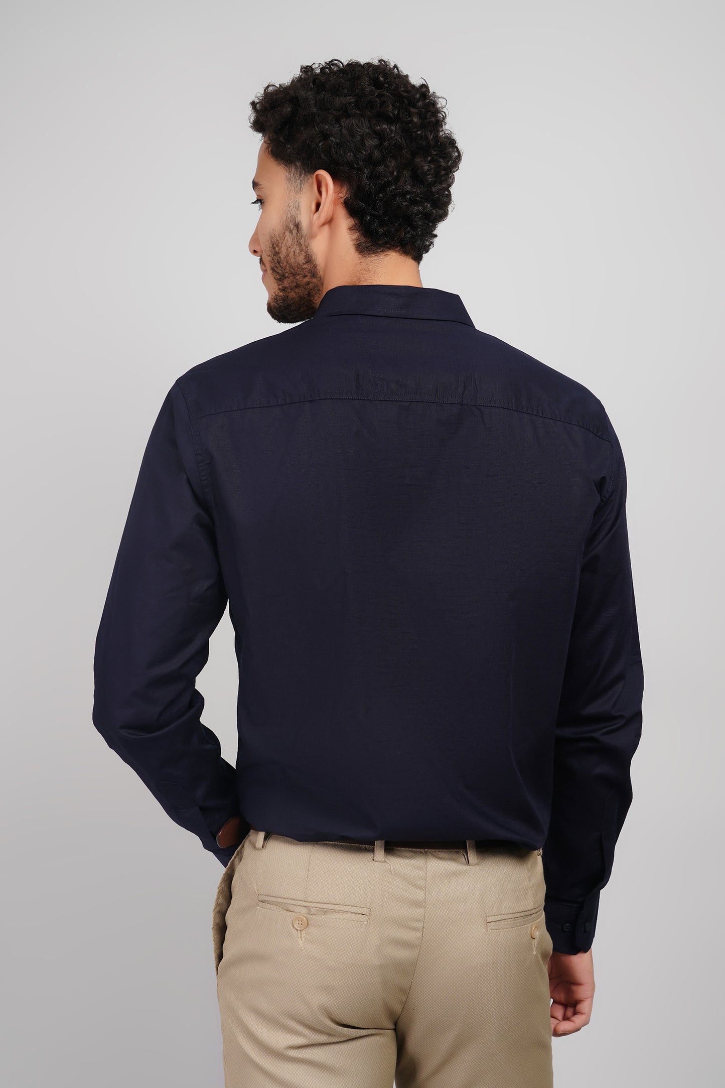 Navy Solid Linen Cotton Blend Men's Shirt