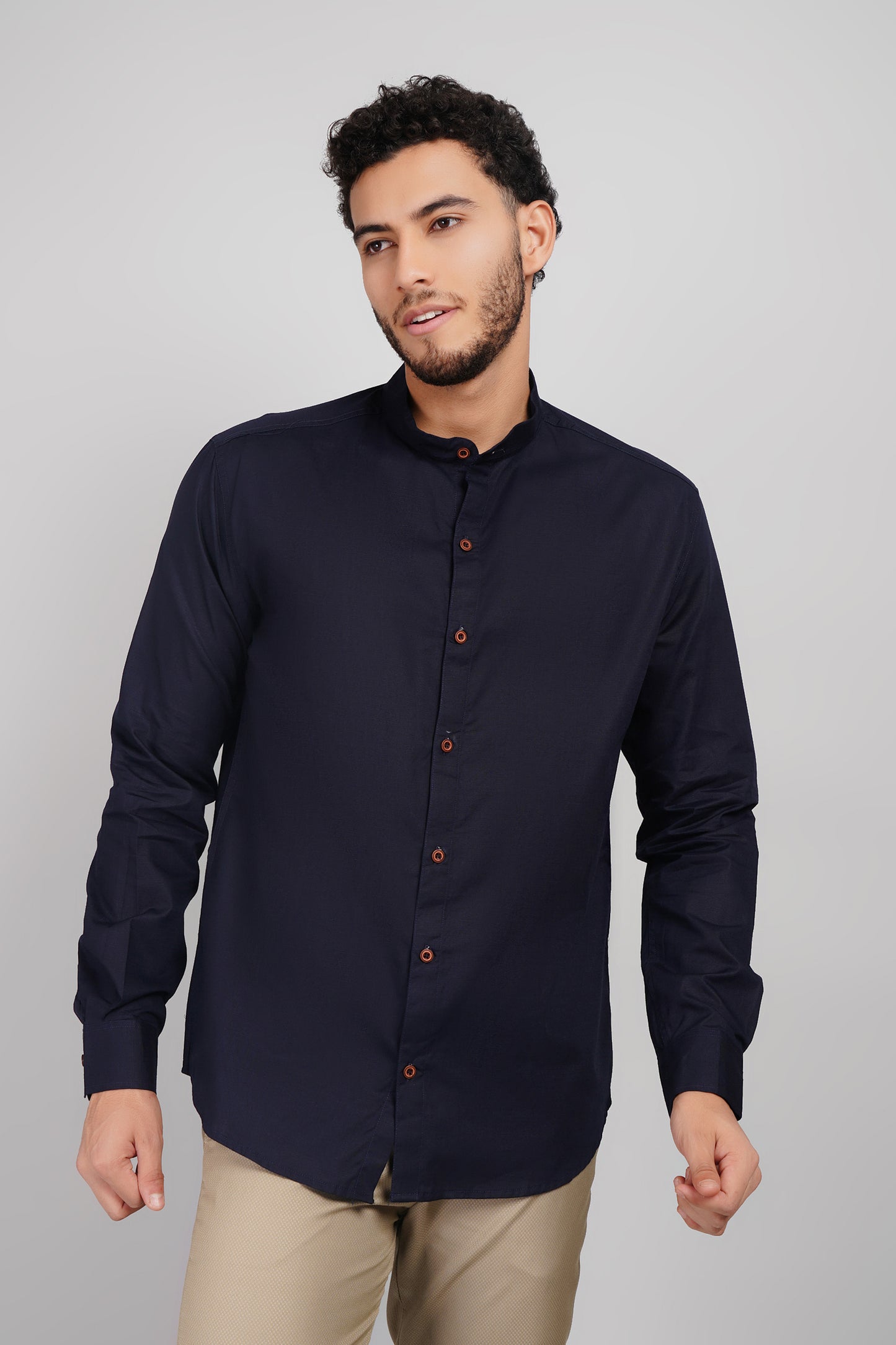 Navy Linen Cotton Blend Mandarin Wooden Button Men's Shirt