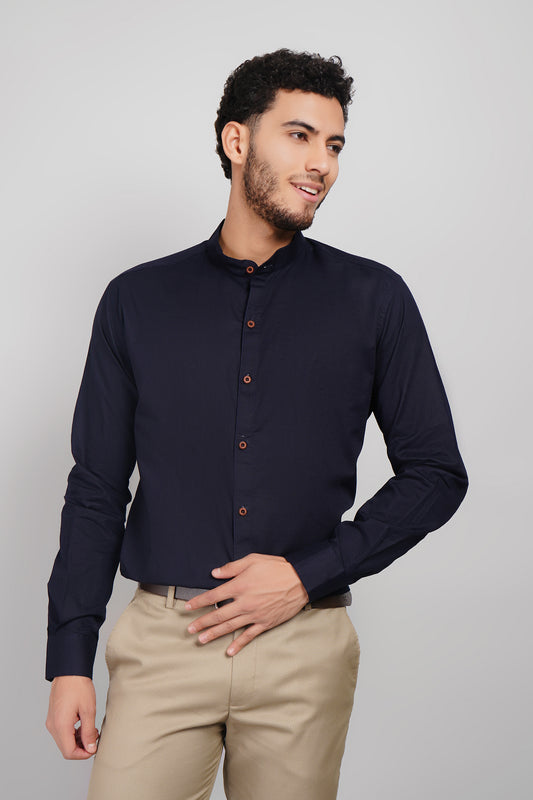 Navy Linen Cotton Blend Mandarin Wooden Button Men's Shirt