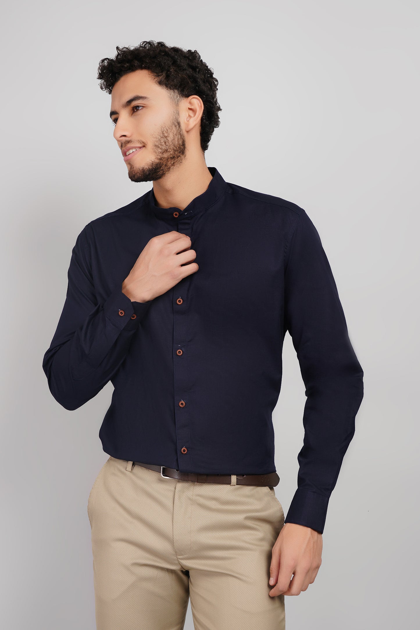 Navy Linen Cotton Blend Mandarin Wooden Button Men's Shirt