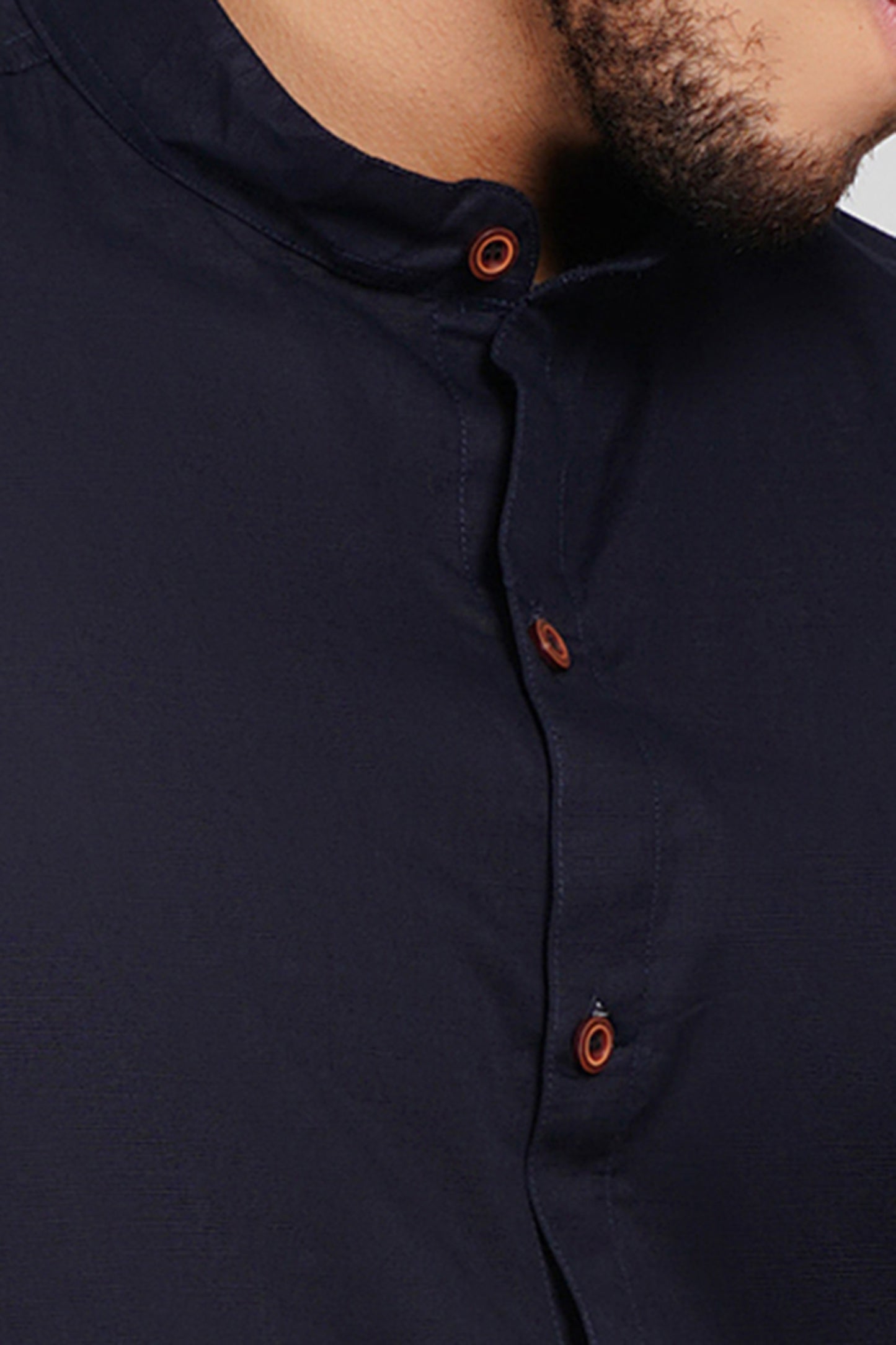 Navy Linen Cotton Blend Mandarin Wooden Button Men's Shirt