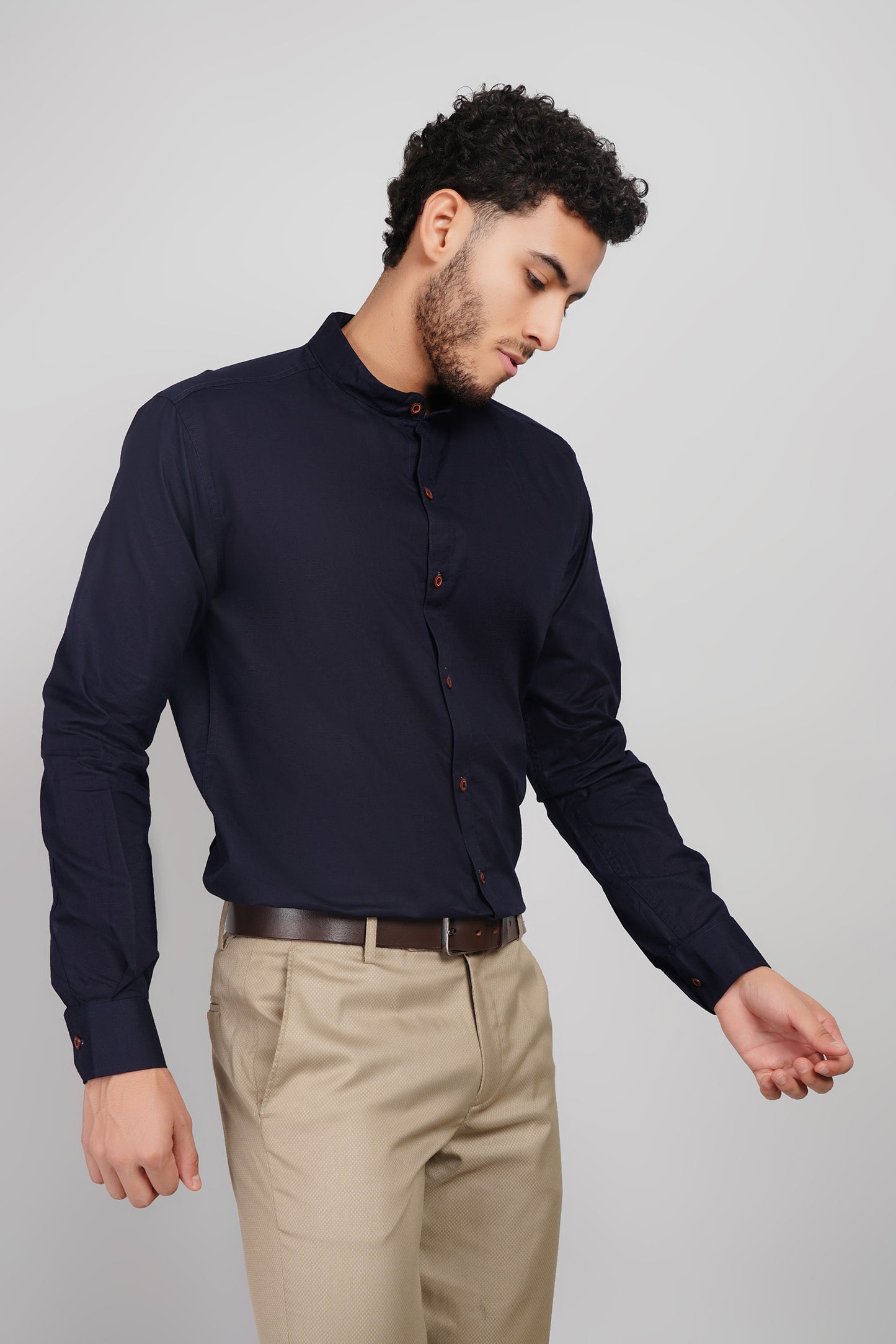 Navy Linen Cotton Blend Mandarin Wooden Button Men's Shirt