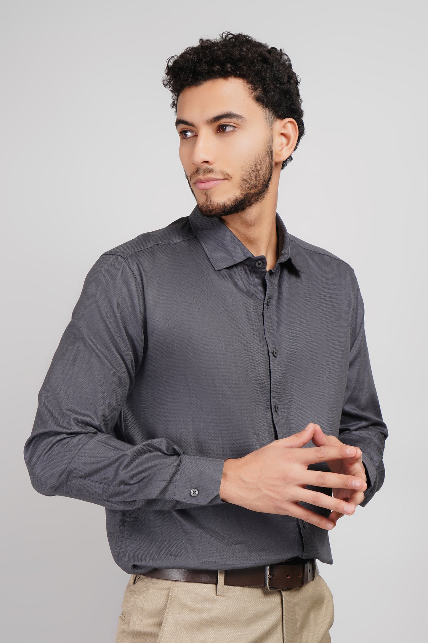 Gray Pure Cotton Oxford Tone-On-Tone Textured Men's Shirt