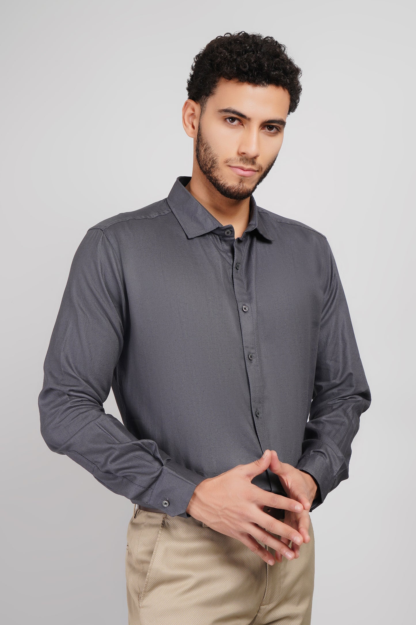 Gray Pure Cotton Oxford Tone-On-Tone Textured Men's Shirt