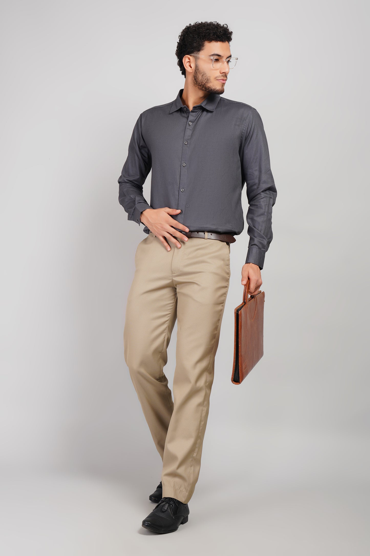 Gray Pure Cotton Oxford Tone-On-Tone Textured Men's Shirt