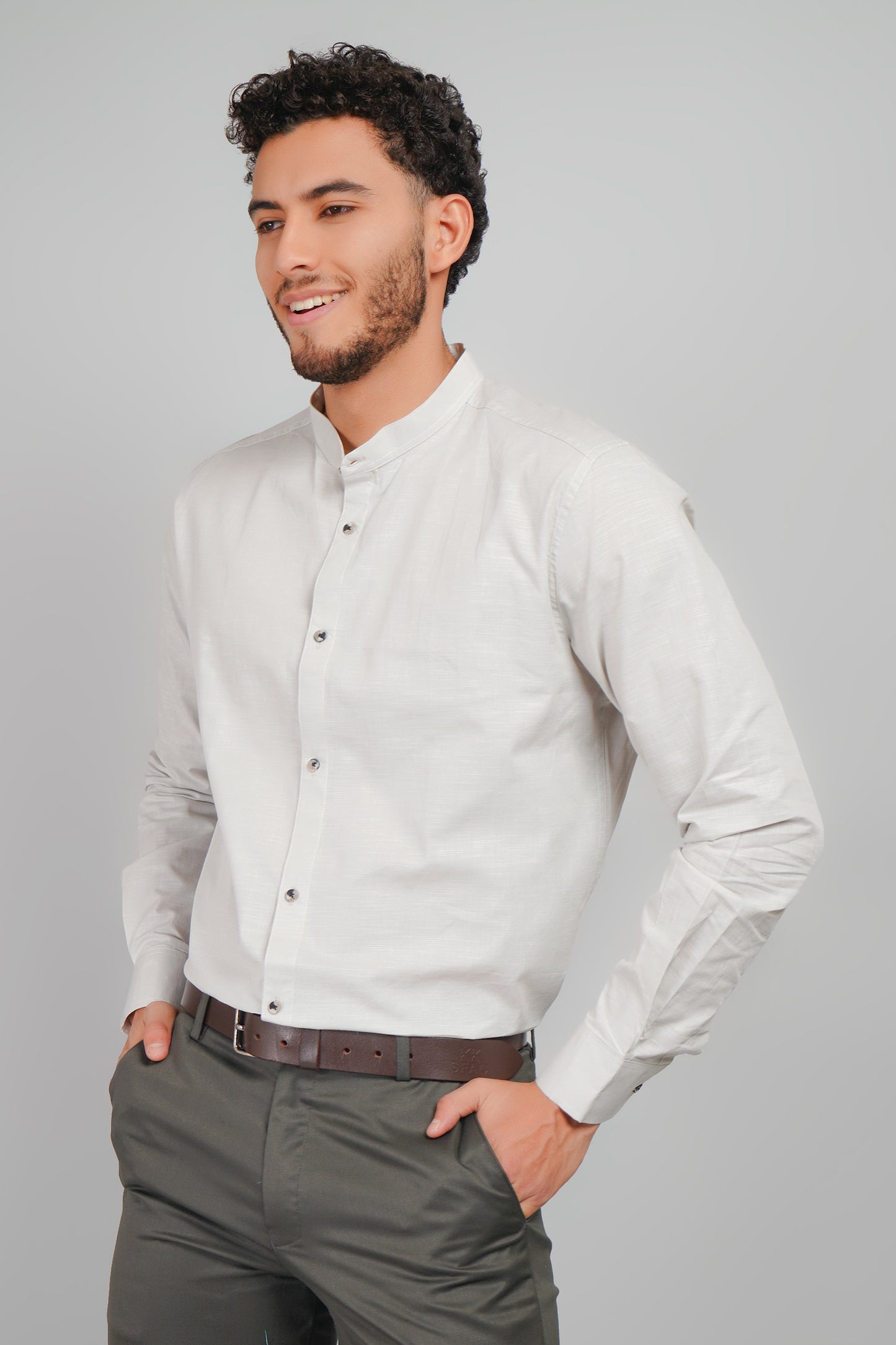 Ice Gray Linen Cotton Mandarin Men's Shirt