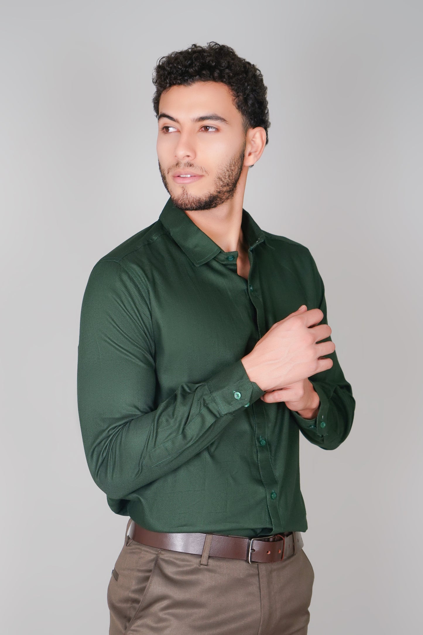 Olive Green Textured Pure Cotton Oxford Tone-On-Tone Shirt