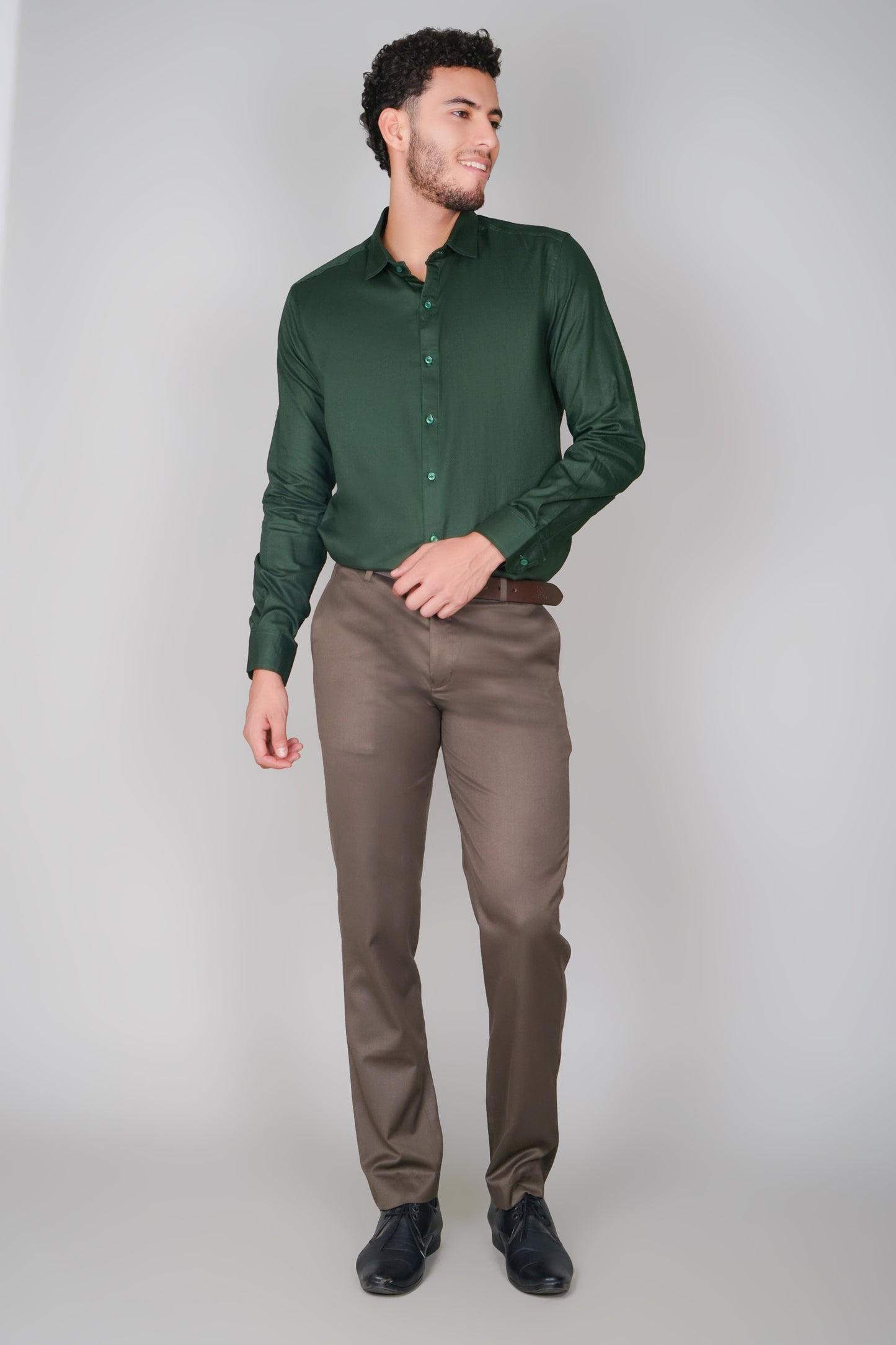 Olive Green Textured Pure Cotton Oxford Tone-On-Tone Shirt
