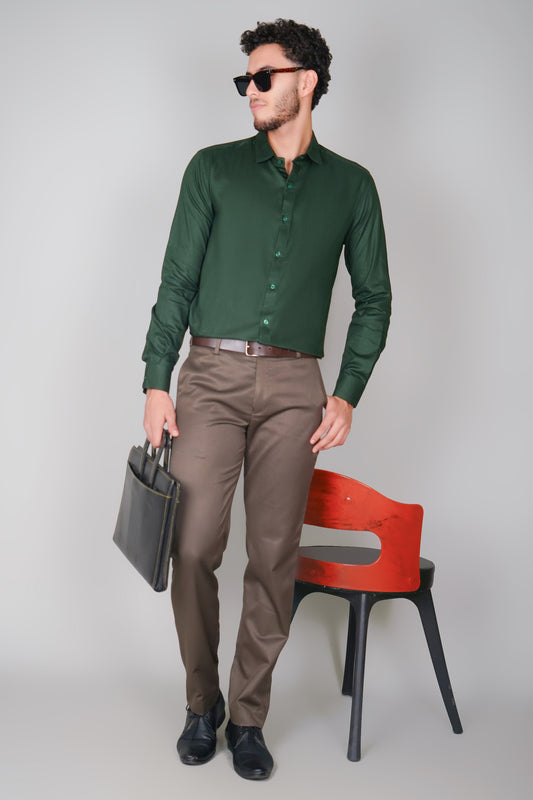 Olive Green Textured Pure Cotton Oxford Tone-On-Tone Shirt