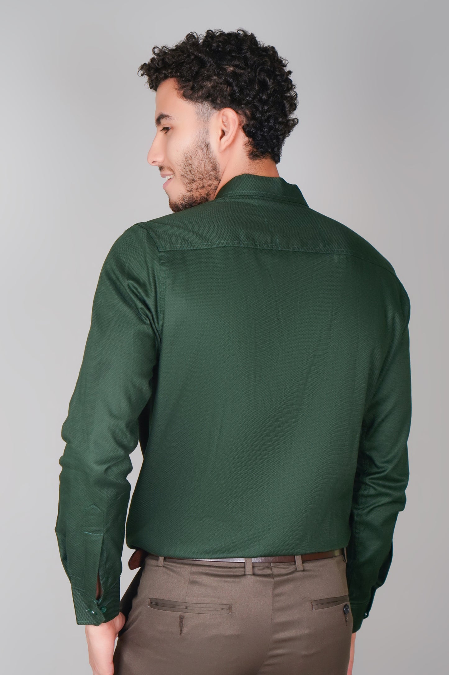Olive Green Textured Pure Cotton Oxford Tone-On-Tone Shirt