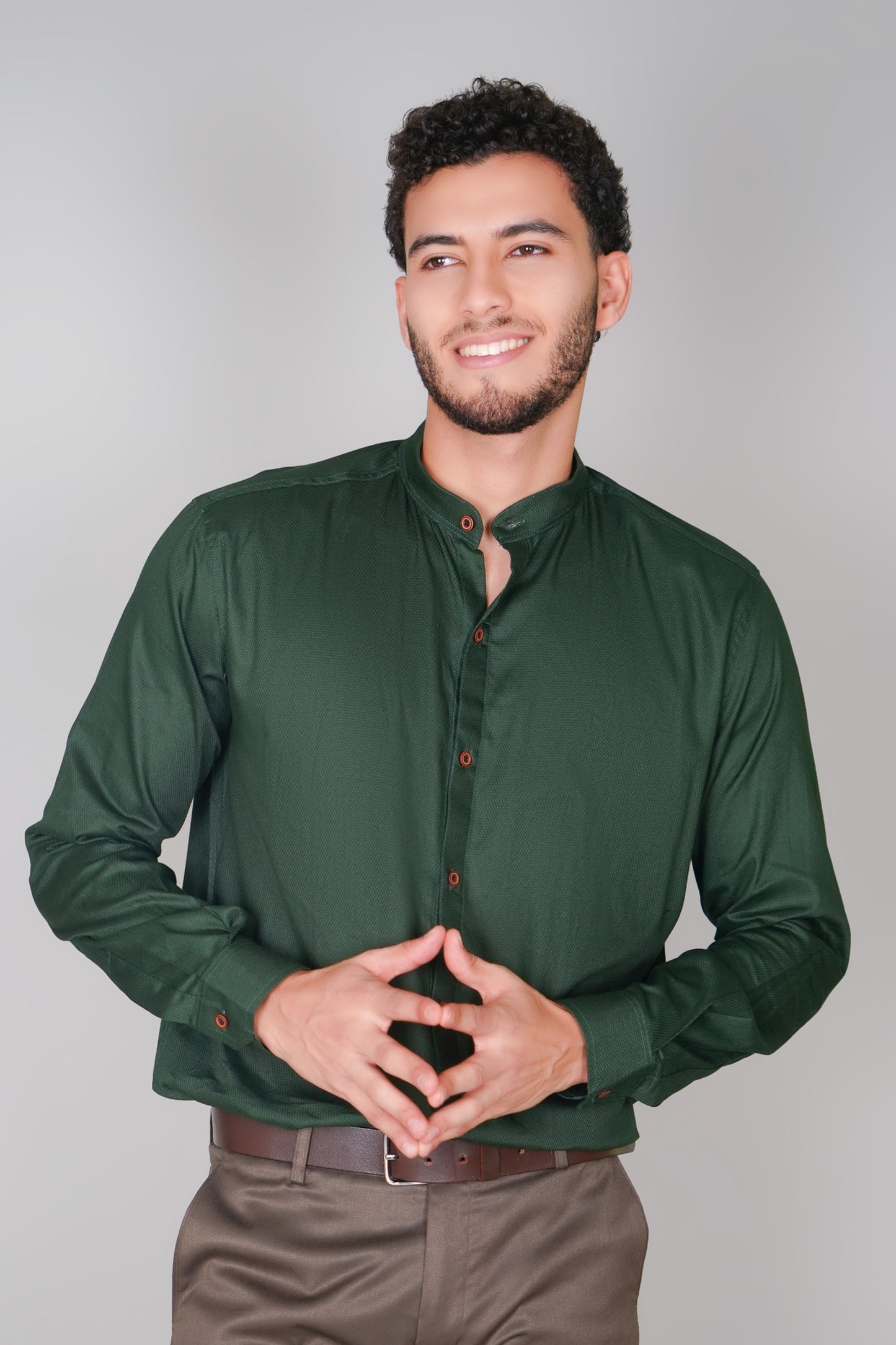 Olive Green Textured Pure Cotton Oxford Mandarin Collar Shirt