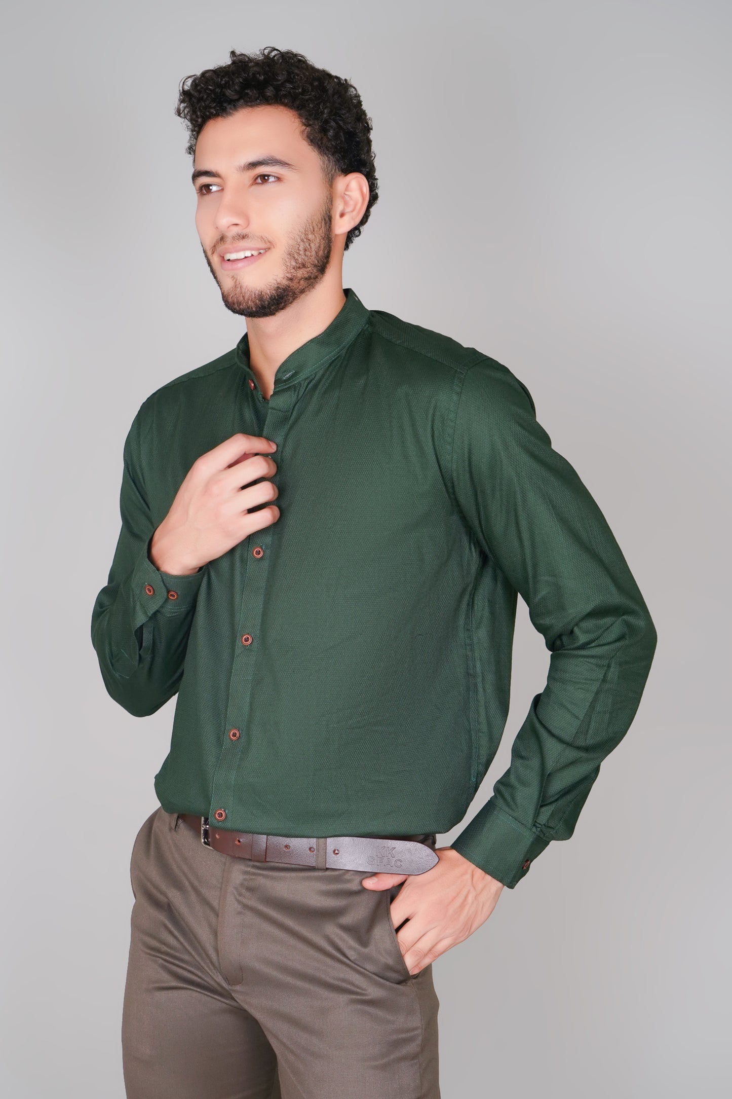 Olive Green Textured Pure Cotton Oxford Mandarin Collar Shirt