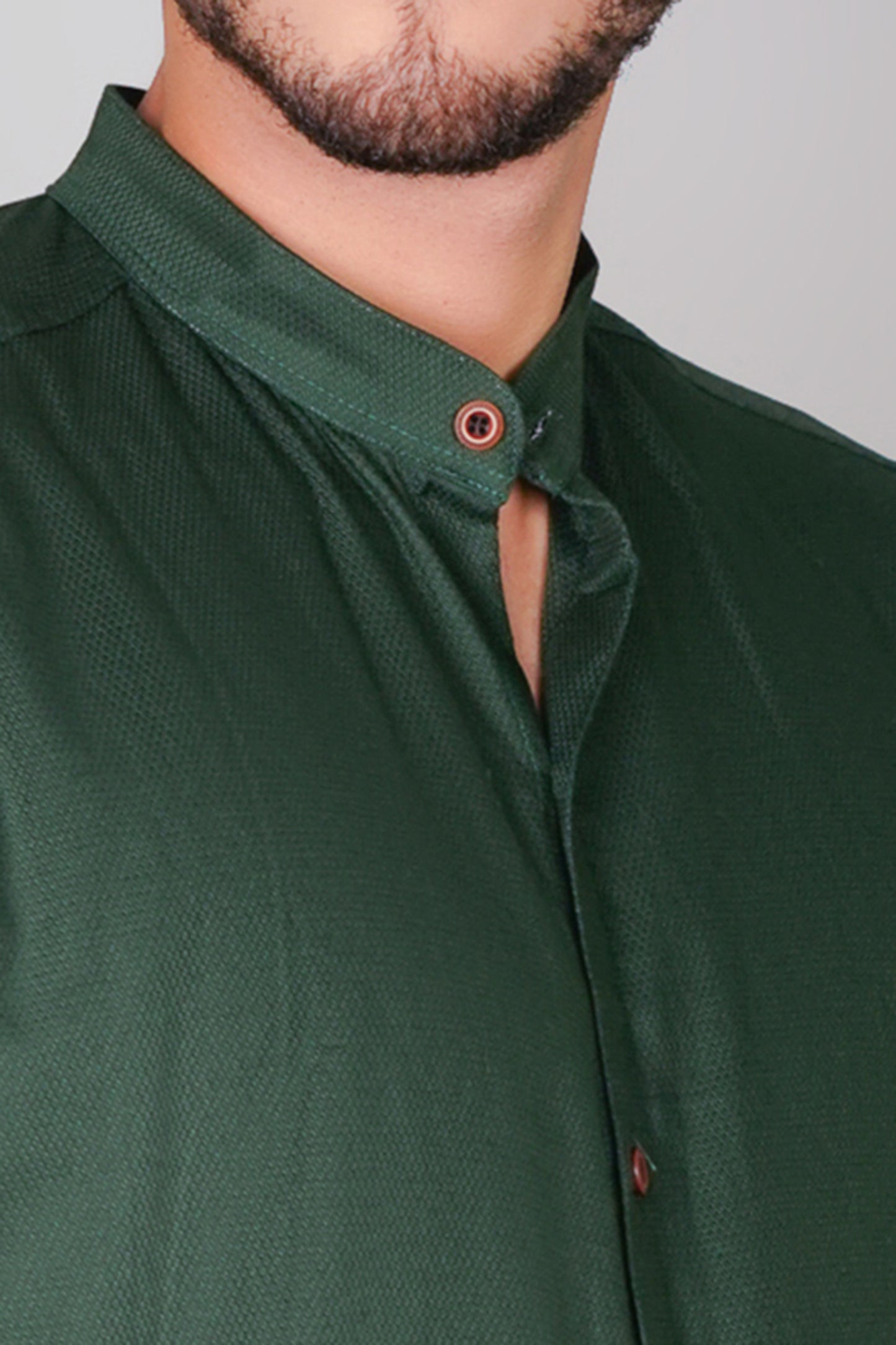 Olive Green Textured Pure Cotton Oxford Mandarin Collar Shirt