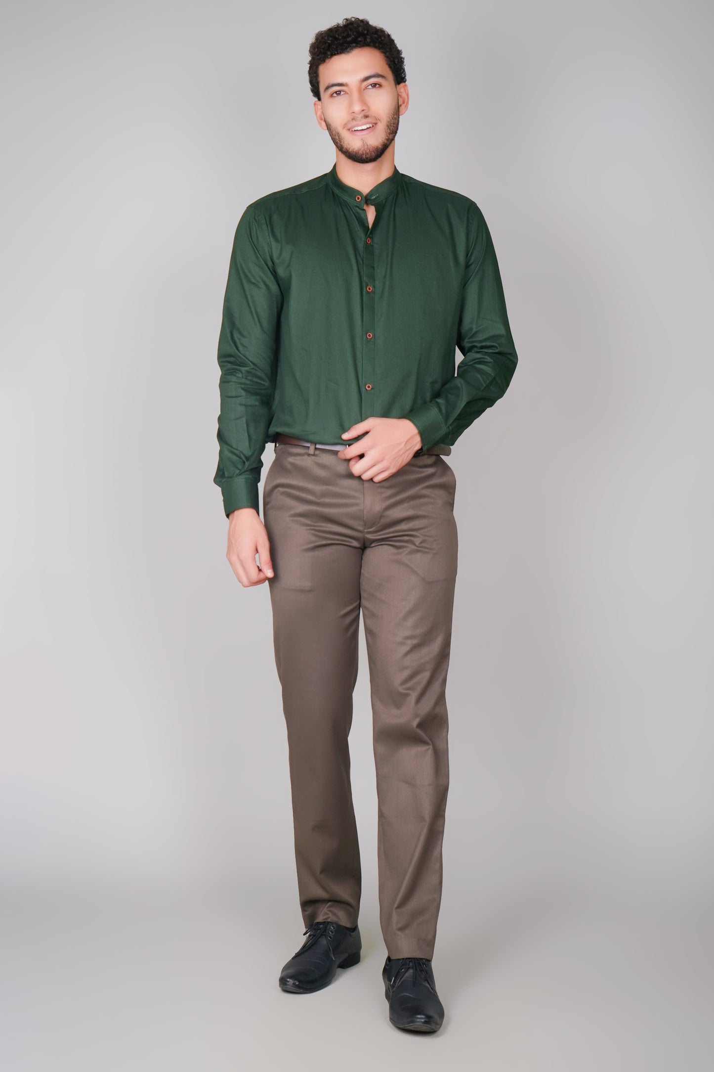 Olive Green Textured Pure Cotton Oxford Mandarin Collar Shirt