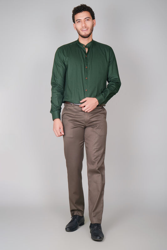 Olive Green Textured Pure Cotton Oxford Mandarin Collar Shirt
